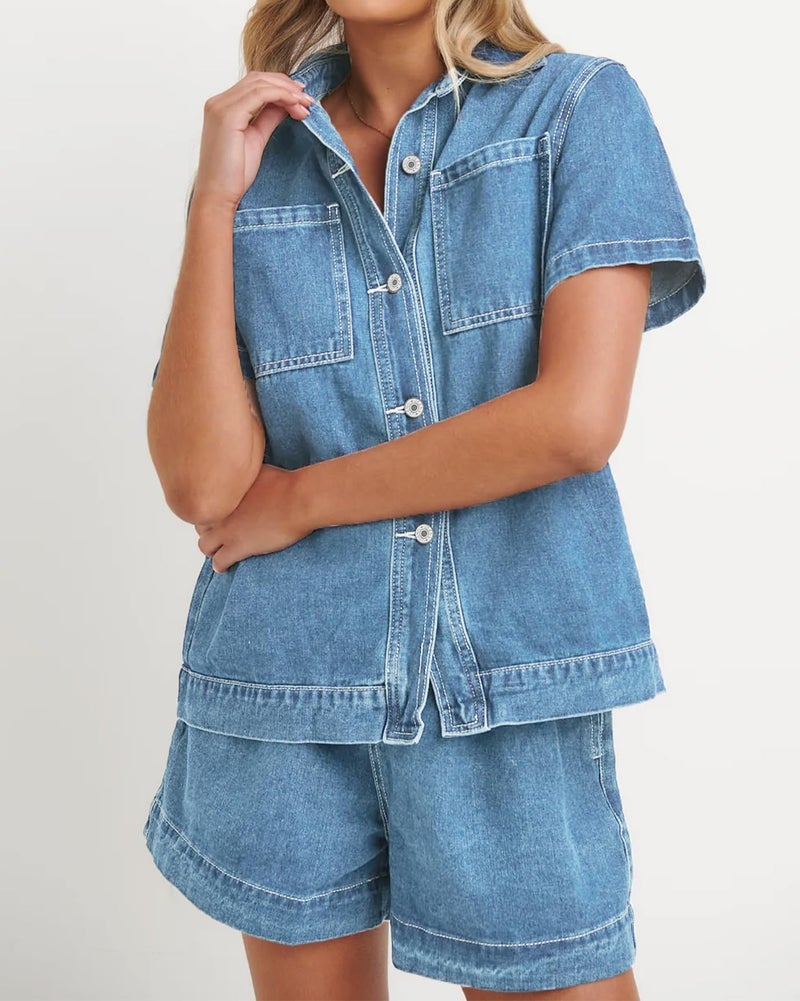 Kedera 2 Piece Denim Outfit for Women Lounge Wear Pajama Sets Short Sleeve Oversized Button Down Boxy Shirts and Shorts Tracksuit - Image 3