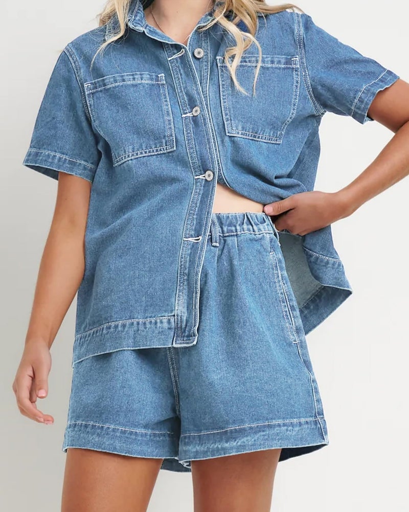 Kedera 2 Piece Denim Outfit for Women Lounge Wear Pajama Sets Short Sleeve Oversized Button Down Boxy Shirts and Shorts Tracksuit - Image 5