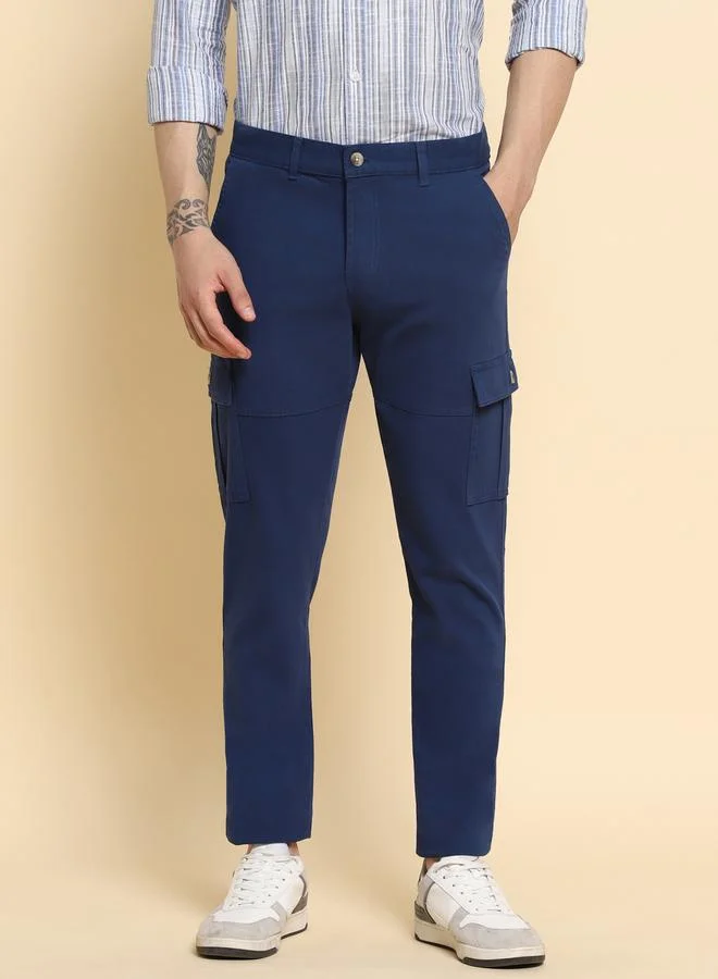 Dennis Lingo Men's Denim Blue 100% Cotton Solid Pattern Full Length Slim Fit Trouser