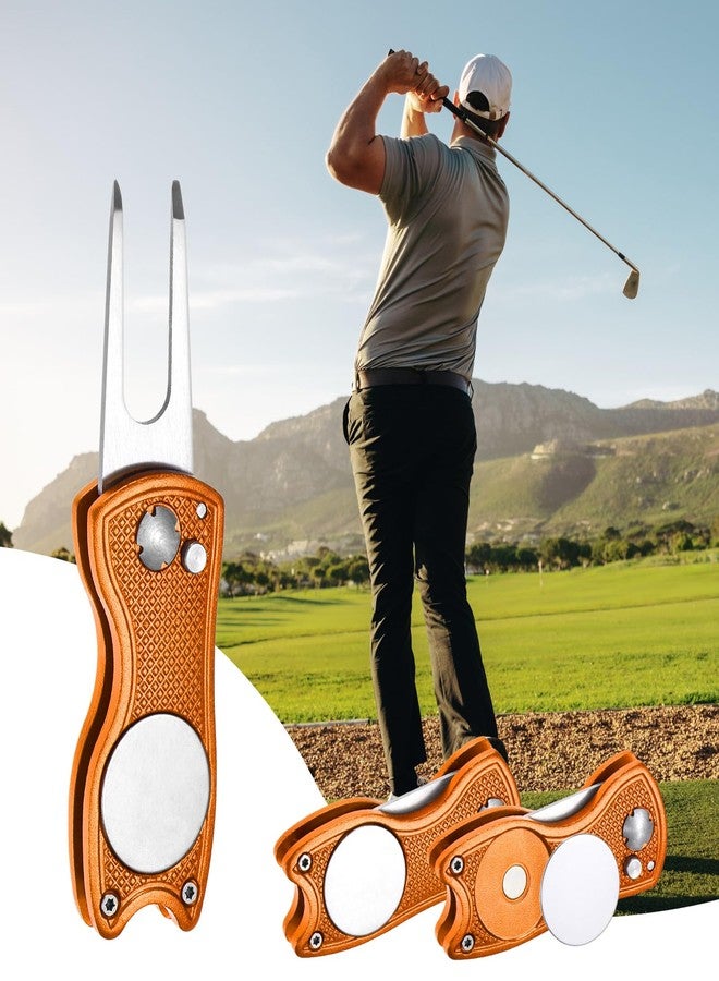 TIXIPEM Golf Divot Repair Tool- Switch Foldable Divot Tool Rack with Magnetic Ball Marker & Open Button Use for Golf Accessories & Gifts - [Orange] Green Fork Tines - Image 2