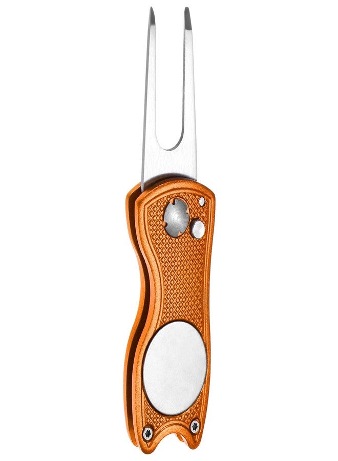 TIXIPEM Golf Divot Repair Tool- Switch Foldable Divot Tool Rack with Magnetic Ball Marker & Open Button Use for Golf Accessories & Gifts - [Orange] Green Fork Tines - Image 1