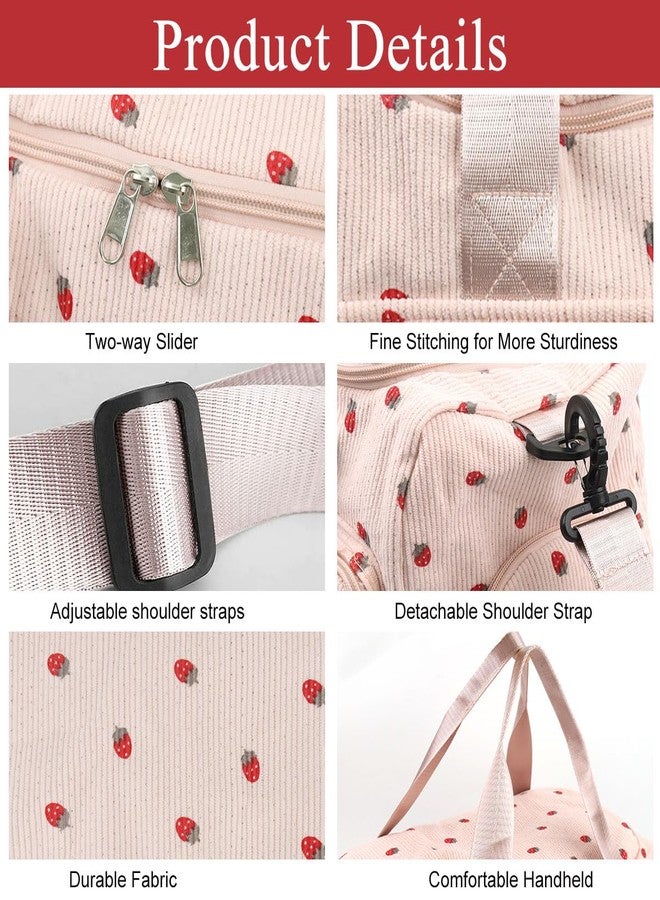 PALAY® Women Duffle Bag Gym Bag with Shoe Compartment Cute Pink Strawberry Prints Corduroy Travel Bag with Removable Shoulder Strap Multi-pocket Duffle Bag for Travel, Gym Session, Camping, 48x24x27cm - Image 3