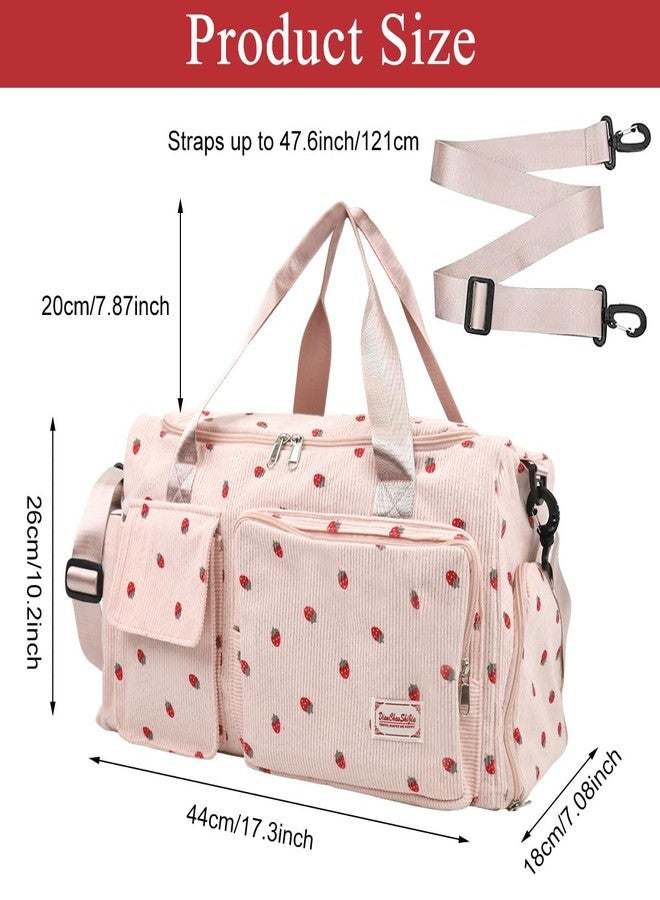 PALAY® Women Duffle Bag Gym Bag with Shoe Compartment Cute Pink Strawberry Prints Corduroy Travel Bag with Removable Shoulder Strap Multi-pocket Duffle Bag for Travel, Gym Session, Camping, 48x24x27cm - Image 2