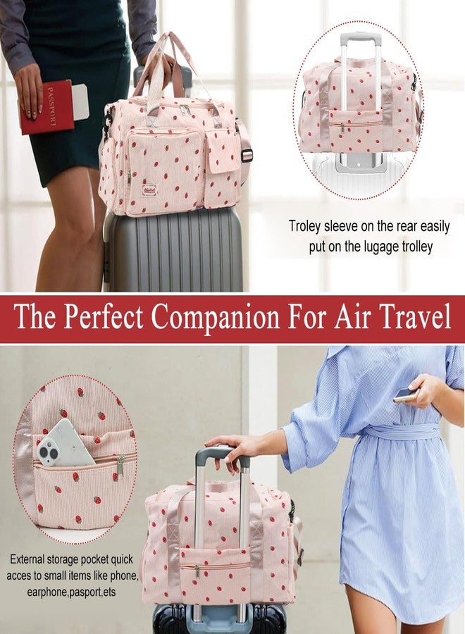 PALAY® Women Duffle Bag Gym Bag with Shoe Compartment Cute Pink Strawberry Prints Corduroy Travel Bag with Removable Shoulder Strap Multi-pocket Duffle Bag for Travel, Gym Session, Camping, 48x24x27cm - Image 4