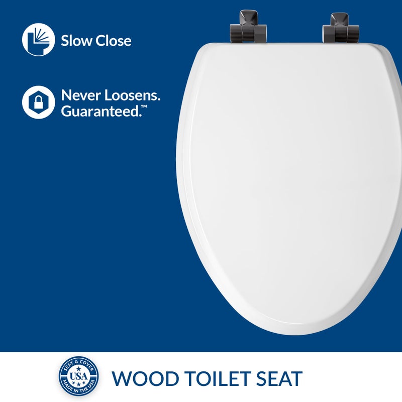 Mayfair Bennett Toilet Seat with Matte Black Hinges, Slow Close Wood Seat, Secure Metal Hinges, Easy Install, Made in USA, Elongated, White - Image 3