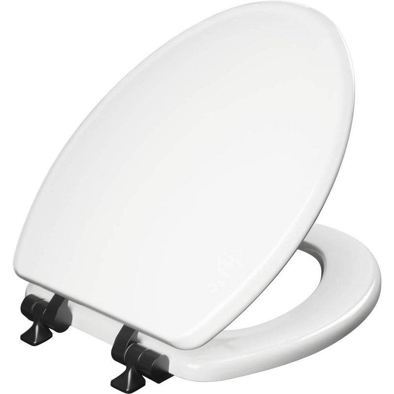 Mayfair Bennett Toilet Seat with Matte Black Hinges, Slow Close Wood Seat, Secure Metal Hinges, Easy Install, Made in USA, Elongated, White - Image 1