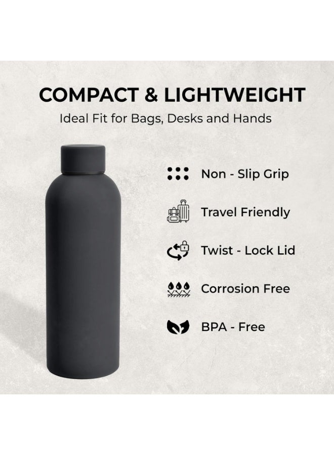 زجاجة مياه حرارية سوداء معزولة بالتفريغ سعة 500 مل - قارورة ستانلس ستيل 304 تحافظ على المشروبات ساخنة 12 ساعة وباردة 24 ساعة | تصميم مانع للتسرب، سهل الحمل، مثالية للرياضة، السفر، القهوة، وجميع المشروبات الساخنة والباردة. - Image 5