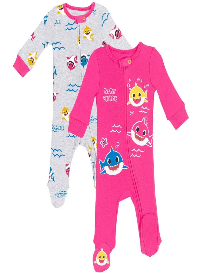 Pinkfong Baby Shark Infant Baby Girls 2 Pack Zip Up Sleep N' Play Coveralls Pink/Gray 24 Months - Image 1