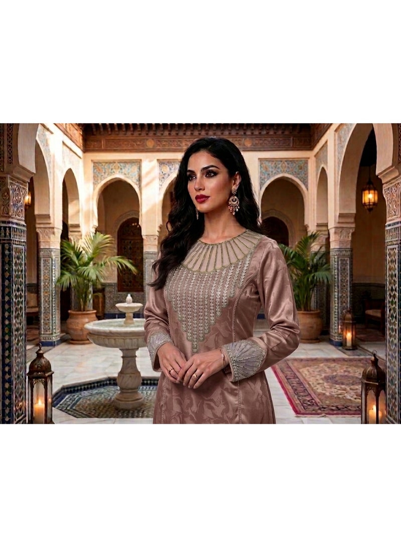 Mukhawar – Elegant Light Brownish-Pink Jacquard Silk Dress (Unstitched)  Premium light brownish-pink jacquard silk Mukhawar featuring intricate hand-finished embroidery with sparkling crystals on the neckline. The luxurious jacquard silk fabric has a soft sheen and subtle floral pattern that catches the light beautifully.  Includes a matching embroidered scarf and sleeves with detailed crystal embroidery. An elegant embroidered choker is available as an optional accessory.  Perfect for special occasions, Eid, weddings, or formal gatherings. Soft, comfortable, and richly detailed. - Image 3