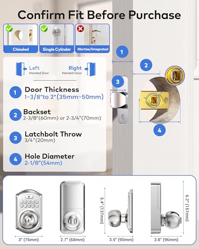 TEEHO TE018 Smart Door Knob with Keypad App Control Keyless Entry Digtal Door Lock with Handle Remote Share OneTime Code Auto Lock Easy Installation for Front Door Bedroom Rental Satin Nickel - Image 3