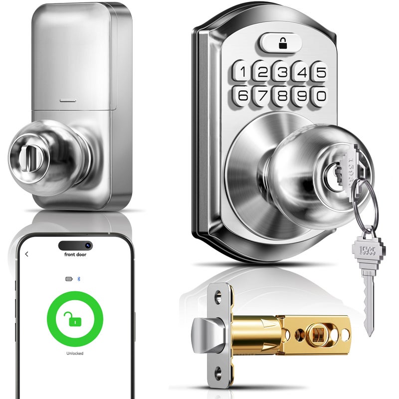 TEEHO TE018 Smart Door Knob with Keypad App Control Keyless Entry Digtal Door Lock with Handle Remote Share OneTime Code Auto Lock Easy Installation for Front Door Bedroom Rental Satin Nickel - Image 2