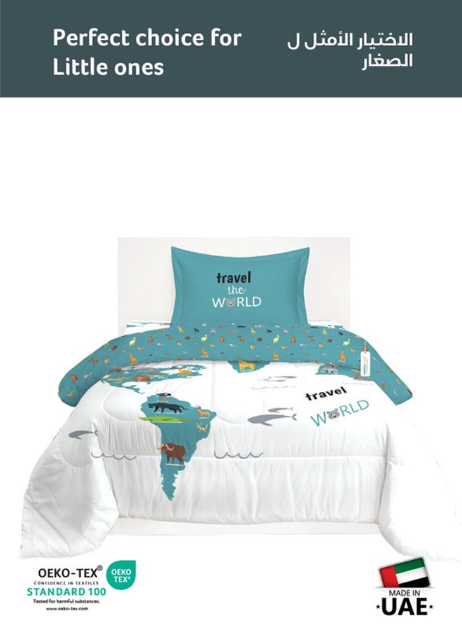 Cotton home طقم لحاف أطفال مكون من 3 قطع من القطن الفاخر يتضمن، 1 قطعة لحاف 135x220 سم، 1 قطعة ملاءة مشدودة 90x200 سم، و1 قطعة غطاء وسادة 50x75+5 سم، خريطة المغامرات - Image 2