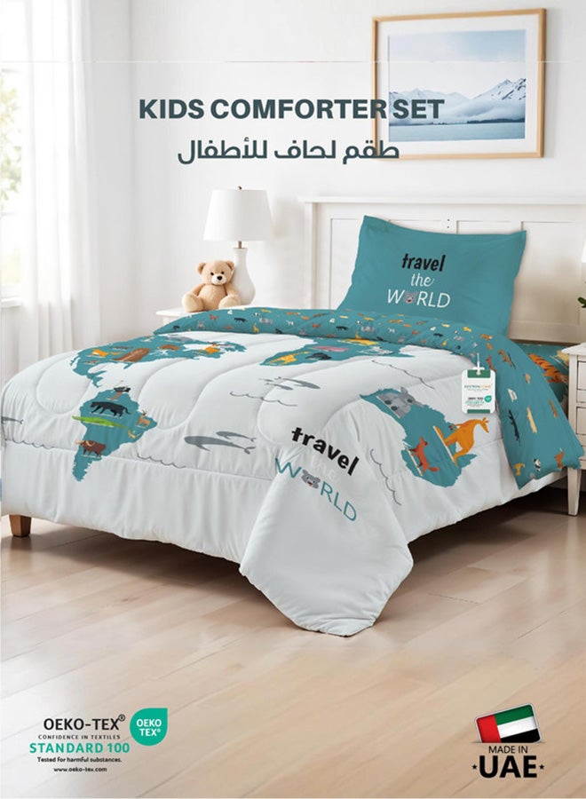 Cotton home طقم لحاف أطفال مكون من 3 قطع من القطن الفاخر يتضمن، 1 قطعة لحاف 135x220 سم، 1 قطعة ملاءة مشدودة 90x200 سم، و1 قطعة غطاء وسادة 50x75+5 سم، خريطة المغامرات - Image 1