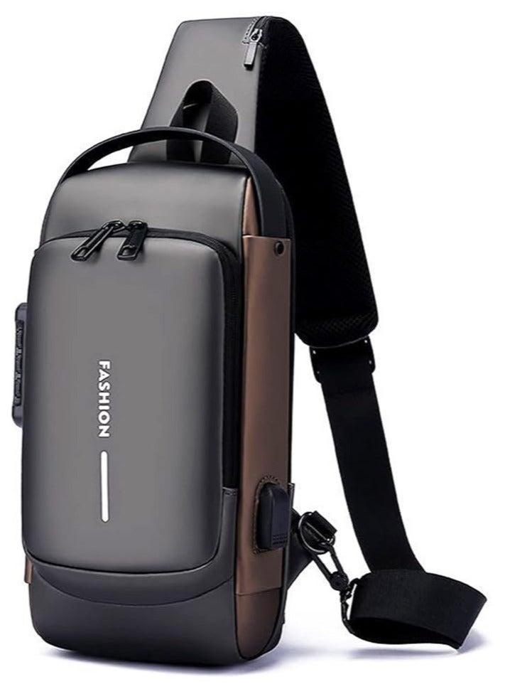 Generic Anti theft Sling Bag ,Waterproof Chest Daypack with USB Charging, Shoulder Backpack Chest Bag for Men Women,Shoulder Bag Sports for Men,Backpack for Men /Women (Grey and Brown)  - Image 1