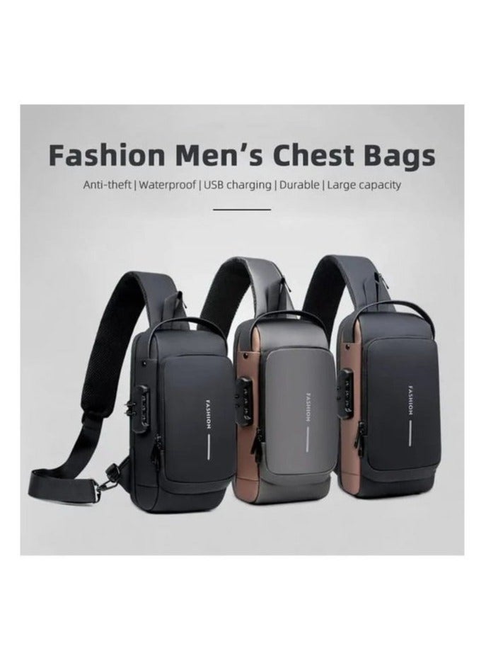 Generic Anti theft Sling Bag ,Waterproof Chest Daypack with USB Charging, Shoulder Backpack Chest Bag for Men Women,Shoulder Bag Sports for Men,Backpack for Men /Women (Grey and Brown)  - Image 4