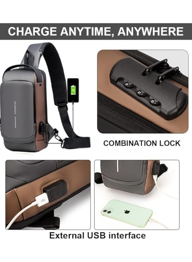 Generic Anti theft Sling Bag ,Waterproof Chest Daypack with USB Charging, Shoulder Backpack Chest Bag for Men Women,Shoulder Bag Sports for Men,Backpack for Men /Women (Grey and Brown)  - Image 2