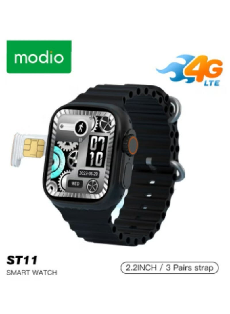 موديو ساعة ذكية ST11 بشاشة كاملة 2.2 بوصة مع بطاقة SIM 4G تدعم 3 أزواج من الأشرطة وشاحن لاسلكي للسيدات والرجال باللون الأسود - Image 1