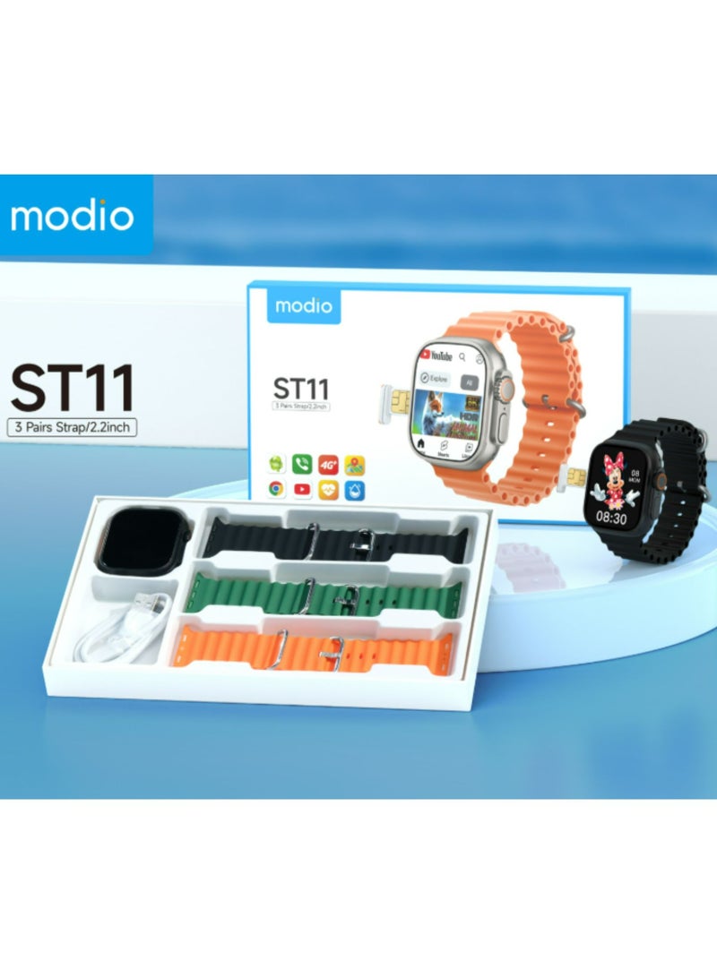 موديو ساعة ذكية ST11 بشاشة كاملة 2.2 بوصة مع بطاقة SIM 4G تدعم 3 أزواج من الأشرطة وشاحن لاسلكي للسيدات والرجال باللون الأسود - Image 4
