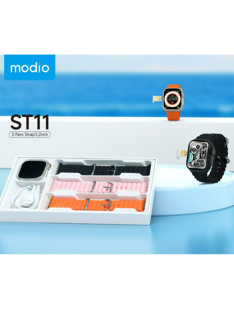 موديو ساعة ذكية ST11 بشاشة كاملة 2.2 بوصة مع بطاقة SIM 4G تدعم 3 أزواج من الأشرطة وشاحن لاسلكي للسيدات والرجال باللون الأسود - Image 3
