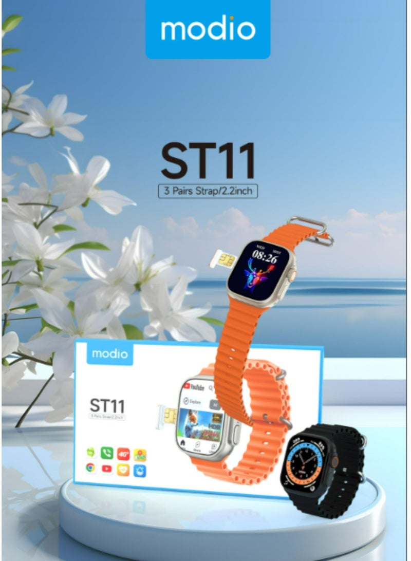 موديو ساعة ذكية ST11 بشاشة كاملة 2.2 بوصة مع بطاقة SIM 4G تدعم 3 أزواج من الأشرطة وشاحن لاسلكي للسيدات والرجال باللون الأسود - Image 5