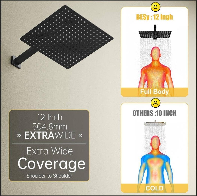 BESy رأس دش مطري BESy مقاس 12 بوصة، دش مطري مربع 12" وضغط عالي من الفولاذ المقاوم للصدأ، رقيق جداً بسمك 1/16"، تغطية كاملة للجسم مع فوهة سيليكون، تشطيب أسود غير لامع - Image 2