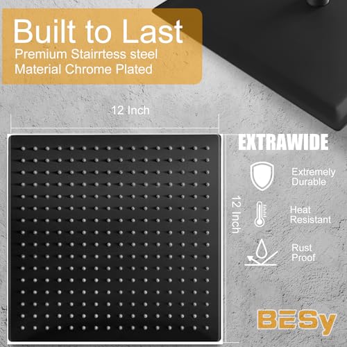 BESy رأس دش مطري BESy مقاس 12 بوصة، دش مطري مربع 12" وضغط عالي من الفولاذ المقاوم للصدأ، رقيق جداً بسمك 1/16"، تغطية كاملة للجسم مع فوهة سيليكون، تشطيب أسود غير لامع - Image 4