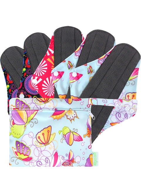 wegreeco Charcoal Reusable Menstrual Pads for Women - Reusable Sanitary Pads | Reusable Panty Liners | Soft Cloth Menstrual Pads - 5 Pack, 1 Cloth Wet Bag (X-Large, Butterfly)