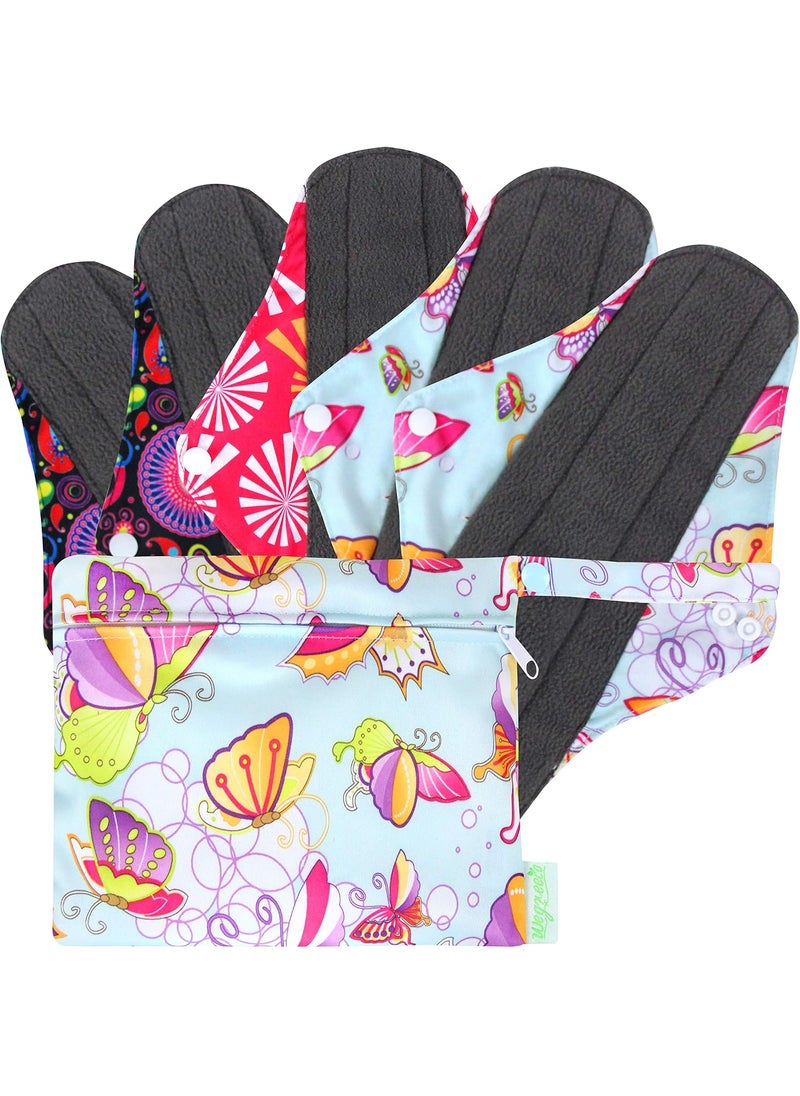 wegreeco Charcoal Reusable Menstrual Pads for Women - Reusable Sanitary Pads | Reusable Panty Liners | Soft Cloth Menstrual Pads - 5 Pack, 1 Cloth Wet Bag (X-Large, Butterfly)