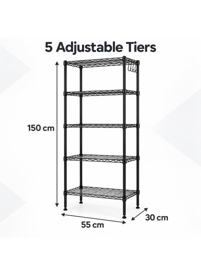 BLOOMING TIME 5-Tier Heavy-Duty Metal Storage Rack with Adjustable Shelves and Hooks, 150x55x30cm - Image 3