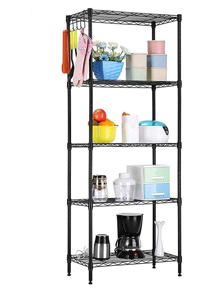 BLOOMING TIME 5-Tier Heavy-Duty Metal Storage Rack with Adjustable Shelves and Hooks, 150x55x30cm - Image 2