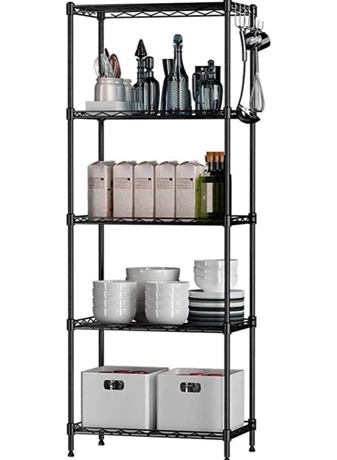 BLOOMING TIME 5-Tier Heavy-Duty Metal Storage Rack with Adjustable Shelves and Hooks, 150x55x30cm - Image 1