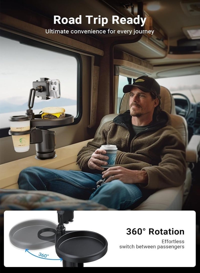 Car Cup Holder Tray, 4-in-1 Adjustable Food Table Tray, Car Cup Holder Expander with 360° Rotatable Phone Holder, Extra Beverage Cup Holder, 4 Expandable Bases for Stability, Road Trip Essentials - Image 2
