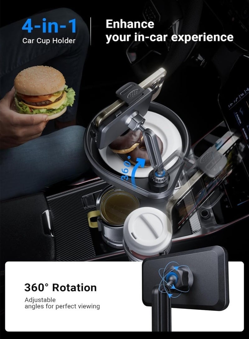 Car Cup Holder Tray, 4-in-1 Adjustable Food Table Tray, Car Cup Holder Expander with 360° Rotatable Phone Holder, Extra Beverage Cup Holder, 4 Expandable Bases for Stability, Road Trip Essentials - Image 4