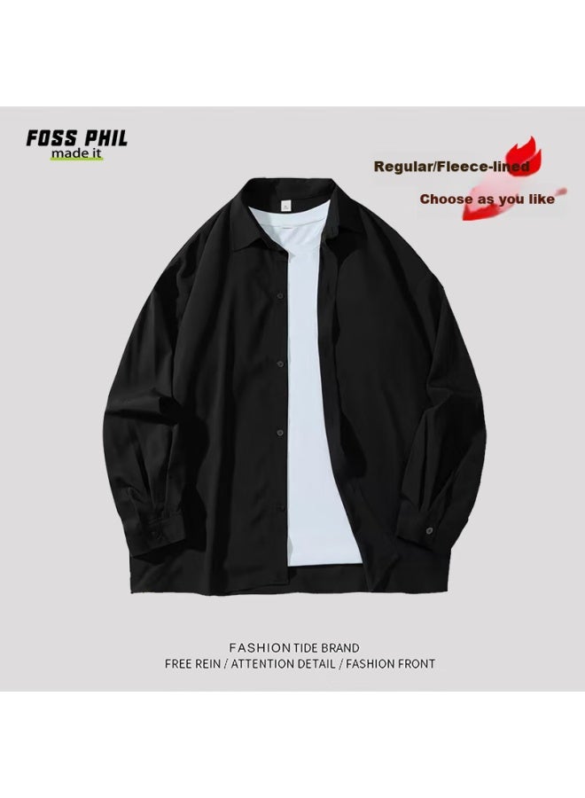 Foss Phil Men's Long-sleeve Shirt, Spring And Summer Hong Kong Style Casual Shirt, Undershirt Jacket, Ice Silk Thin Style 7304, Black, Size L - Image 1