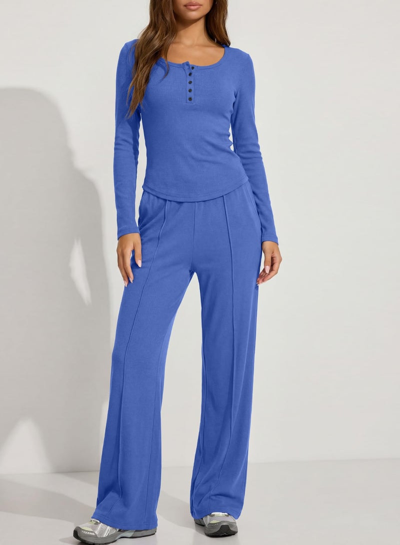 Darong Womens Lounge Sets Ribbed Two Piece Outfit Long Sleeve Shirt And Pants Loungewear With Pockets 9122 Sea Blue M - Image 3