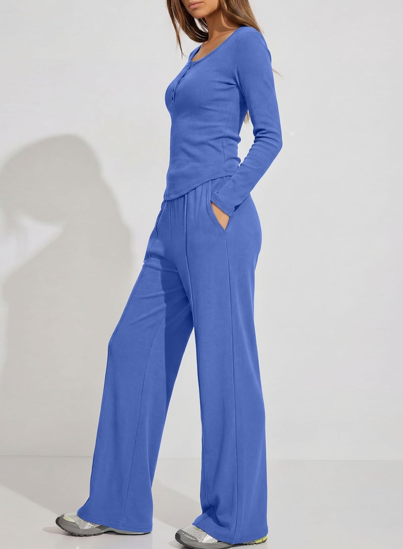 Darong Womens Lounge Sets Ribbed Two Piece Outfit Long Sleeve Shirt And Pants Loungewear With Pockets 9122 Sea Blue M - Image 4