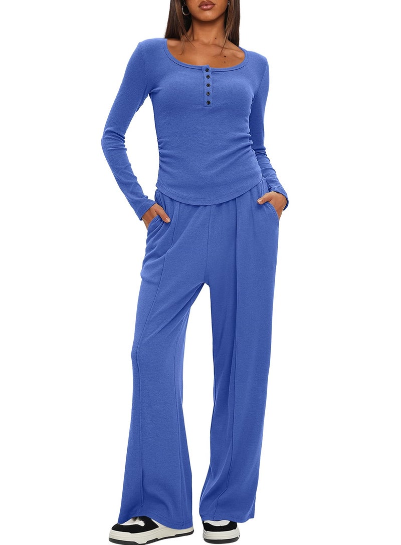Darong Womens Lounge Sets Ribbed Two Piece Outfit Long Sleeve Shirt And Pants Loungewear With Pockets 9122 Sea Blue M - Image 5