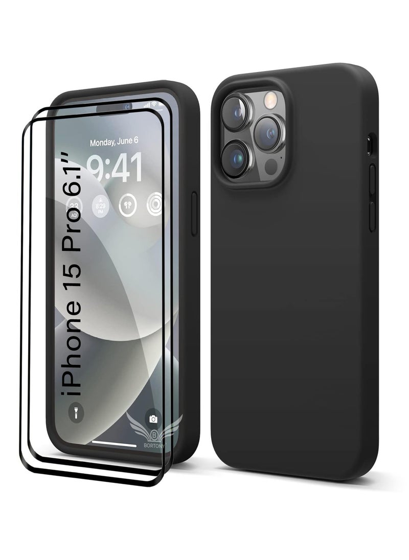 BORTONY iPhone 15 Pro Case with 2PCS Tempered Glass Screen Protector [3 in 1] iPhone 15 Pro Silicone Cover Shockproof Protective Slim Case for Apple iPhone 15 Pro 6.1 Inch  - Image 1