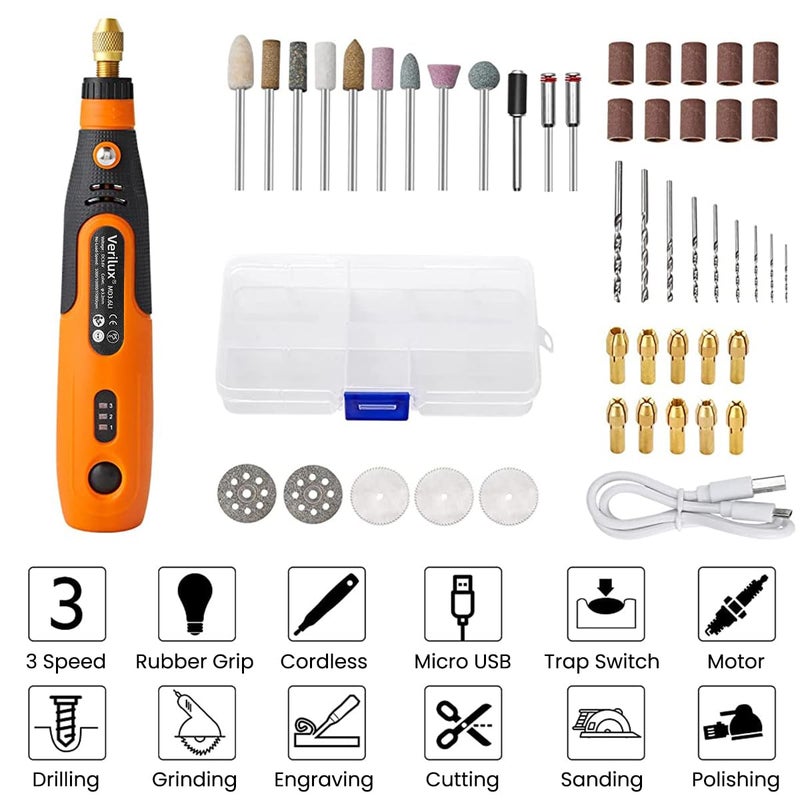 Verilux® Cordless Drill Machine, 900Ah USB Rechargeable 3 Speed Hand Drill Machine Mini Drill Machine for Wood Carving, Cutting & Grinding, Mini Rotary Tool Kit with 45Pcs Accessories - Image 2