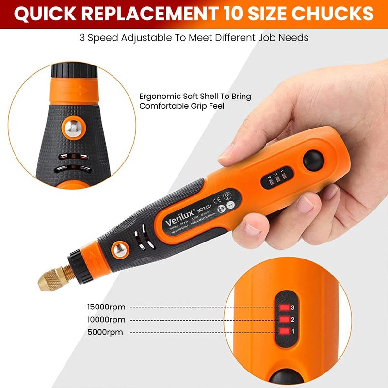 Verilux® Cordless Drill Machine, 900Ah USB Rechargeable 3 Speed Hand Drill Machine Mini Drill Machine for Wood Carving, Cutting & Grinding, Mini Rotary Tool Kit with 45Pcs Accessories - Image 3