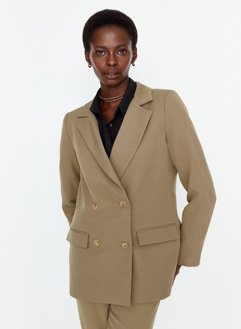 trendyol Light Khaki Regular Lined Double Breasted Closure Woven Blazer Jacket TWOAW21CE0264 - Image 4