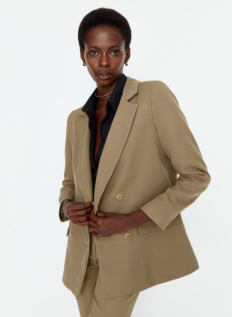 trendyol Light Khaki Regular Lined Double Breasted Closure Woven Blazer Jacket TWOAW21CE0264 - Image 3