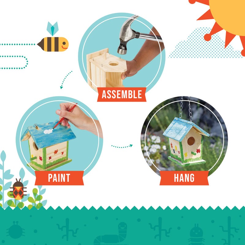 Toysmith Beetle & Bee Build A Bird Bungalow - DIY Kid Art Craft Outdoor Birdhouse Kit, House Painting Kit for Kids, Hardware Glue Included- 4 Paints, 1 Brush, 7 Wooden Pcs, Chain For Tree Hanging Age 5+ - Image 4