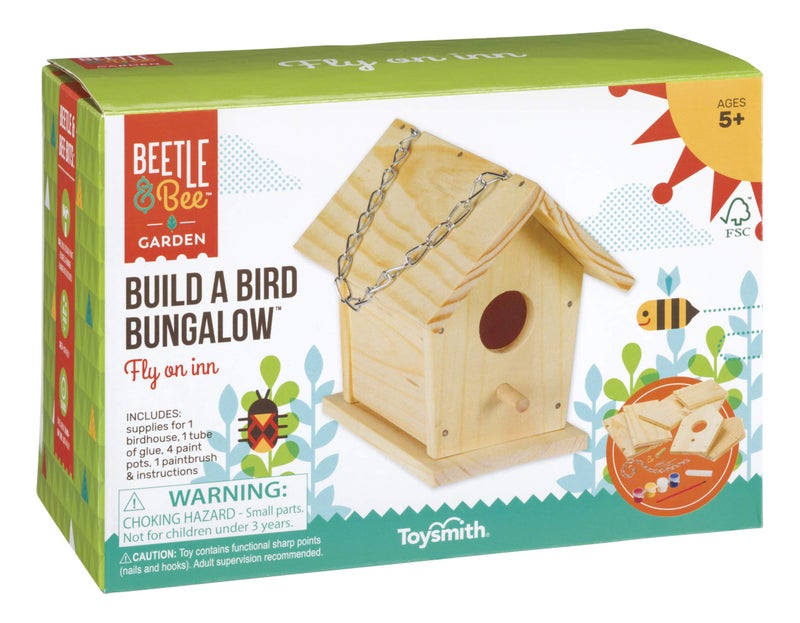 Toysmith Beetle & Bee Build A Bird Bungalow - DIY Kid Art Craft Outdoor Birdhouse Kit, House Painting Kit for Kids, Hardware Glue Included- 4 Paints, 1 Brush, 7 Wooden Pcs, Chain For Tree Hanging Age 5+ - Image 1