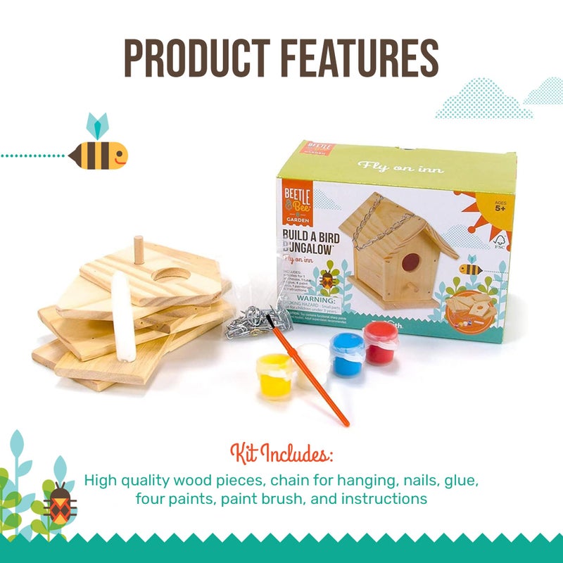 Toysmith Beetle & Bee Build A Bird Bungalow - DIY Kid Art Craft Outdoor Birdhouse Kit, House Painting Kit for Kids, Hardware Glue Included- 4 Paints, 1 Brush, 7 Wooden Pcs, Chain For Tree Hanging Age 5+ - Image 3
