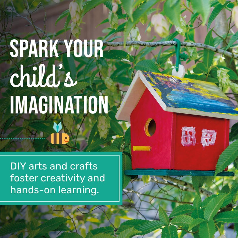 Toysmith Beetle & Bee Build A Bird Bungalow - DIY Kid Art Craft Outdoor Birdhouse Kit, House Painting Kit for Kids, Hardware Glue Included- 4 Paints, 1 Brush, 7 Wooden Pcs, Chain For Tree Hanging Age 5+ - Image 5