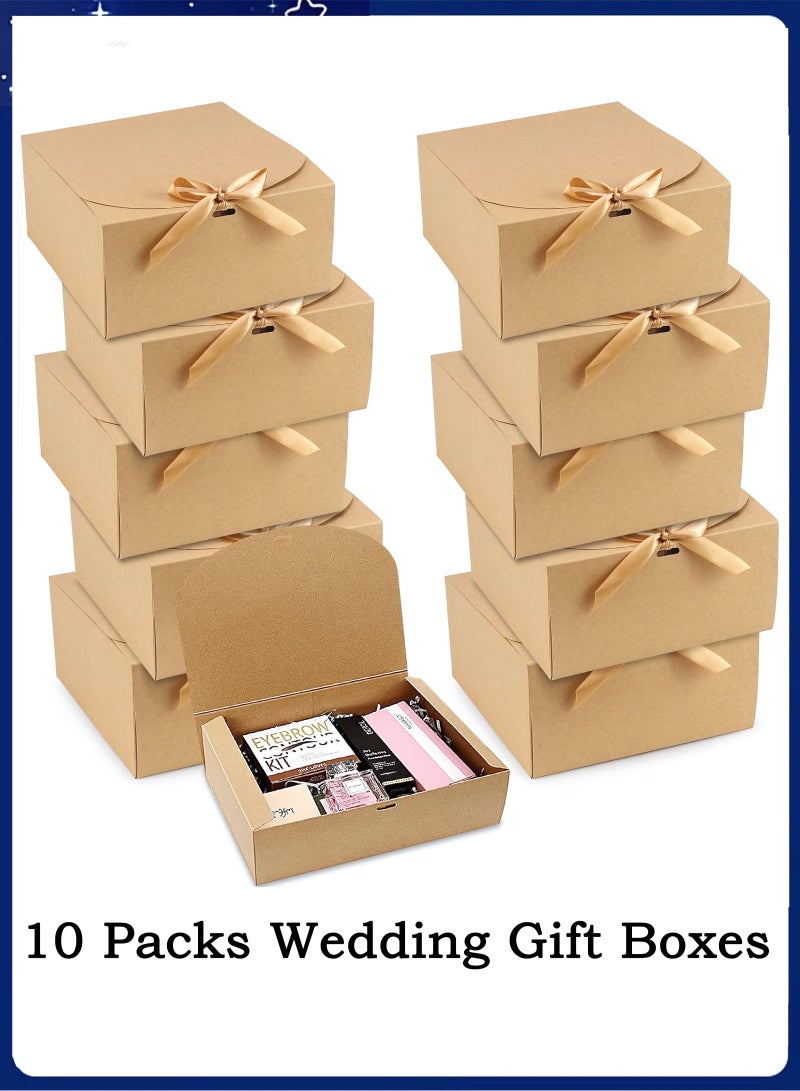 10 قطع من صناديق الهدايا مع أغطية، 16.5×16.5×5 سم، صندوق هدايا بني على شكل مربع، صندوق هدايا سهل التجميع، صندوق تغليف هدايا، صناديق هدايا الحفلات مع شريط فيونكة لحفلات الزفاف، والتغليف، والهدايا، وأعياد الميلاد، والحفلات - Image 1