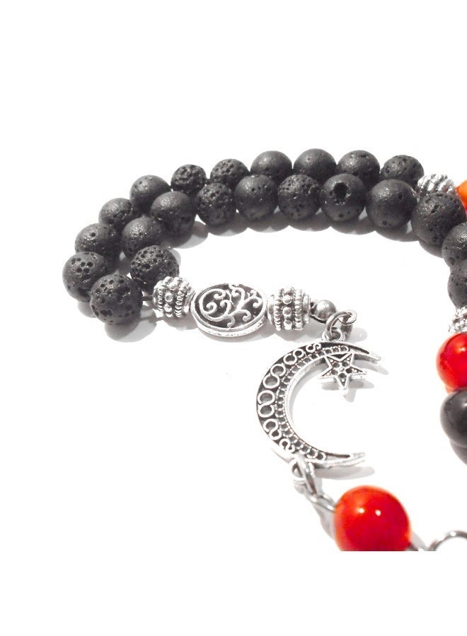 سبحة لافا سوداء و عقيق بني محمر (8 ملم) يدوية الصنع مع كيس خيش هدية - 33 خرزة - Image 2