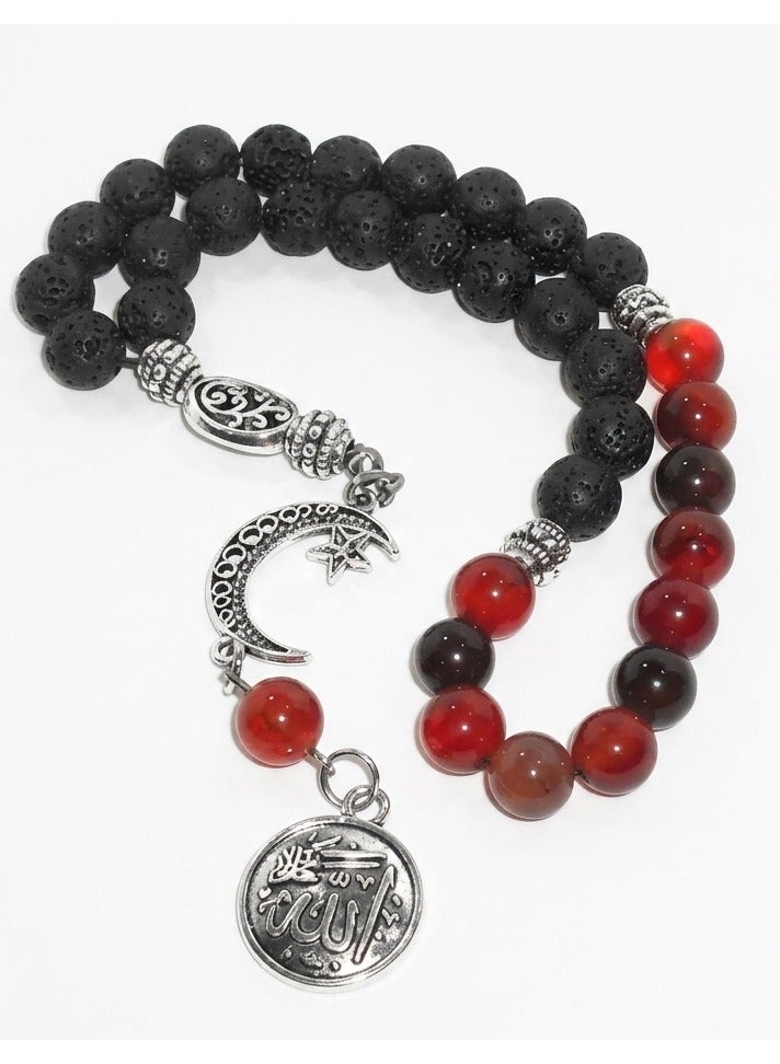 سبحة لافا سوداء و عقيق بني محمر (8 ملم) يدوية الصنع مع كيس خيش هدية - 33 خرزة - Image 1