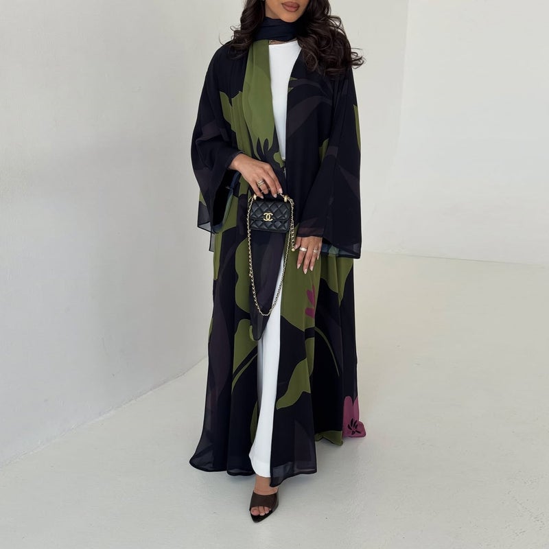 Women's Colorful Printed Chiffon Flared Sleeve Loose Modest Robe Dress - Image 4